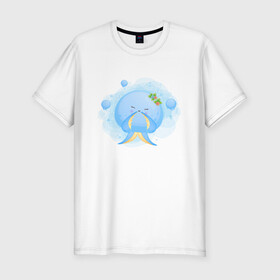 Мужская футболка хлопок Slim с принтом Милая осьминожка в Новосибирске, 92% хлопок, 8% лайкра | приталенный силуэт, круглый вырез ворота, длина до линии бедра, короткий рукав | Тематика изображения на принте: cute | kraken | octopus | живность | жители | кракен | милый | мир | морские | осьминог | осьминожка | подводный | тентакли