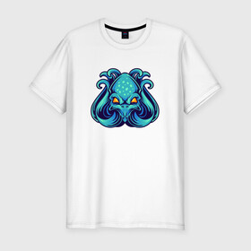 Мужская футболка хлопок Slim с принтом Голубой осьминог в Новосибирске, 92% хлопок, 8% лайкра | приталенный силуэт, круглый вырез ворота, длина до линии бедра, короткий рукав | Тематика изображения на принте: cute | kraken | octopus | живность | жители | кракен | милый | мир | морские | осьминог | осьминожка | подводный | тентакли