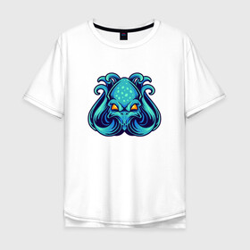Мужская футболка хлопок Oversize с принтом Голубой осьминог в Новосибирске, 100% хлопок | свободный крой, круглый ворот, “спинка” длиннее передней части | Тематика изображения на принте: cute | kraken | octopus | живность | жители | кракен | милый | мир | морские | осьминог | осьминожка | подводный | тентакли