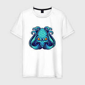 Мужская футболка хлопок с принтом Голубой осьминог в Новосибирске, 100% хлопок | прямой крой, круглый вырез горловины, длина до линии бедер, слегка спущенное плечо. | cute | kraken | octopus | живность | жители | кракен | милый | мир | морские | осьминог | осьминожка | подводный | тентакли