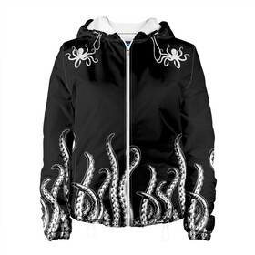 Женская куртка 3D с принтом Octopus Щупальца в Новосибирске, ткань верха — 100% полиэстер, подклад — флис | прямой крой, подол и капюшон оформлены резинкой с фиксаторами, два кармана без застежек по бокам, один большой потайной карман на груди. Карман на груди застегивается на липучку | animal | beast | kraken | ocean | octopus | sea | ship | water | вода | животные | звери | корабль | кракен | море | океан | осьминог | рыбы | щупальца