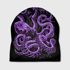 Шапка 3D с принтом Фиолетовый Кракен в Новосибирске, 100% полиэстер | универсальный размер, печать по всей поверхности изделия | animal | beast | kraken | ocean | octopus | sea | ship | water | вода | животные | звери | корабль | кракен | море | океан | осьминог | рыбы | щупальца