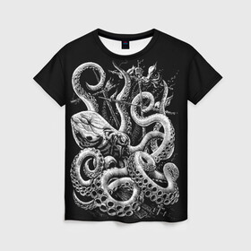 Женская футболка 3D с принтом Кракен Монстр в Новосибирске, 100% полиэфир ( синтетическое хлопкоподобное полотно) | прямой крой, круглый вырез горловины, длина до линии бедер | animal | beast | kraken | monster | ocean | octopus | sea | ship | water | вода | животные | звери | корабль | кракен | монстр | море | океан | осьминог | рыбы | щупальца