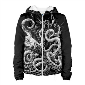 Женская куртка 3D с принтом Кракен Монстр в Новосибирске, ткань верха — 100% полиэстер, подклад — флис | прямой крой, подол и капюшон оформлены резинкой с фиксаторами, два кармана без застежек по бокам, один большой потайной карман на груди. Карман на груди застегивается на липучку | animal | beast | kraken | monster | ocean | octopus | sea | ship | water | вода | животные | звери | корабль | кракен | монстр | море | океан | осьминог | рыбы | щупальца