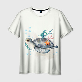 Мужская футболка 3D с принтом черепашка в Новосибирске, 100% полиэфир | прямой крой, круглый вырез горловины, длина до линии бедер | Тематика изображения на принте: ocean | sea | sea animal | акварель | водоросли | графика | море | океан | подводный мир | черепаха