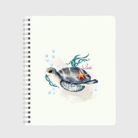 Тетрадь с принтом черепашка в Новосибирске, 100% бумага | 48 листов, плотность листов — 60 г/м2, плотность картонной обложки — 250 г/м2. Листы скреплены сбоку удобной пружинной спиралью. Уголки страниц и обложки скругленные. Цвет линий — светло-серый
 | Тематика изображения на принте: ocean | sea | sea animal | акварель | водоросли | графика | море | океан | подводный мир | черепаха