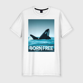 Мужская футболка хлопок Slim с принтом рожденная свободной в Новосибирске, 92% хлопок, 8% лайкра | приталенный силуэт, круглый вырез ворота, длина до линии бедра, короткий рукав | Тематика изображения на принте: ocean | orca | sea | sea animal | дельфин | касатка | кит | море | океан | рисунок кита