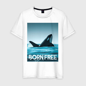 Мужская футболка хлопок с принтом рожденная свободной в Новосибирске, 100% хлопок | прямой крой, круглый вырез горловины, длина до линии бедер, слегка спущенное плечо. | ocean | orca | sea | sea animal | дельфин | касатка | кит | море | океан | рисунок кита