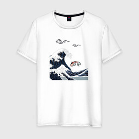 Мужская футболка хлопок с принтом Карп кои в Новосибирске, 100% хлопок | прямой крой, круглый вырез горловины, длина до линии бедер, слегка спущенное плечо. | волна | карпы кои | океан | рыба | японские карпы