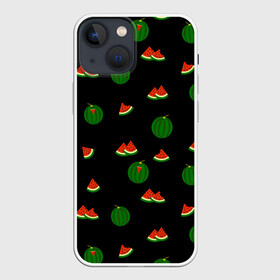 Чехол для iPhone 13 mini с принтом Арбуз на черном фоне в Новосибирске,  |  | food | pattern | red | ripe | round | seeds | slice | slices | small | summer | watermelon | whole | арбуз | горох | еда | красный | круглый | кусочки | летний | ломтик | мелкий | нарезанный | паттерн | пища | семечки | спелый | целый