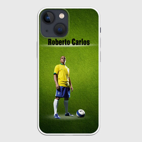 Чехол для iPhone 13 mini с принтом Roberto Carlos в Новосибирске,  |  | ball | green | roberto carlos | roberto carlos lettering | roberto carlos print | soccer field | зеленый | мяч | надпись роберто карлос | номер 3 | принт роберто карлос | роберто карлос | футболист | футбольное по