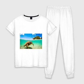 Женская пижама хлопок с принтом Морская черепашка в Новосибирске, 100% хлопок | брюки и футболка прямого кроя, без карманов, на брюках мягкая резинка на поясе и по низу штанин | отдых | пляж | черепашка под водой