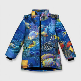 Зимняя куртка для девочек 3D с принтом Коралловые рыбки в Новосибирске, ткань верха — 100% полиэстер; подклад — 100% полиэстер, утеплитель — 100% полиэстер. | длина ниже бедра, удлиненная спинка, воротник стойка и отстегивающийся капюшон. Есть боковые карманы с листочкой на кнопках, утяжки по низу изделия и внутренний карман на молнии. 

Предусмотрены светоотражающий принт на спинке, радужный светоотражающий элемент на пуллере молнии и на резинке для утяжки. | дно морское | коралловые | кораллы | море | подводный мир | рыбки
