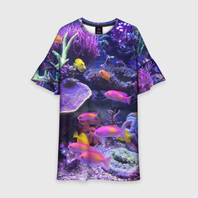 Детское платье 3D с принтом Коралловые рыбки в Новосибирске, 100% полиэстер | прямой силуэт, чуть расширенный к низу. Круглая горловина, на рукавах — воланы | дно морское | коралловые | кораллы | море | подводный мир | рыбки