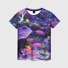Женская футболка 3D с принтом Коралловые рыбки в Новосибирске, 100% полиэфир ( синтетическое хлопкоподобное полотно) | прямой крой, круглый вырез горловины, длина до линии бедер | дно морское | коралловые | кораллы | море | подводный мир | рыбки