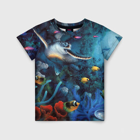 Детская футболка 3D с принтом Морская черепаха в Новосибирске, 100% гипоаллергенный полиэфир | прямой крой, круглый вырез горловины, длина до линии бедер, чуть спущенное плечо, ткань немного тянется | коралловые | кораллы | море | морская черепаха | морские обитатели | океан | подводный мир | рыбки