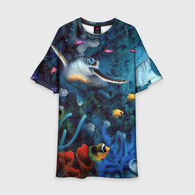 Детское платье 3D с принтом Морская черепаха в Новосибирске, 100% полиэстер | прямой силуэт, чуть расширенный к низу. Круглая горловина, на рукавах — воланы | коралловые | кораллы | море | морская черепаха | морские обитатели | океан | подводный мир | рыбки