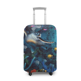 Чехол для чемодана 3D с принтом Морская черепаха в Новосибирске, 86% полиэфир, 14% спандекс | двустороннее нанесение принта, прорези для ручек и колес | коралловые | кораллы | море | морская черепаха | морские обитатели | океан | подводный мир | рыбки