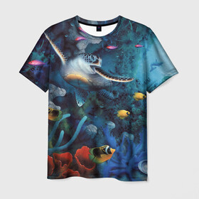 Мужская футболка 3D с принтом Морская черепаха в Новосибирске, 100% полиэфир | прямой крой, круглый вырез горловины, длина до линии бедер | коралловые | кораллы | море | морская черепаха | морские обитатели | океан | подводный мир | рыбки