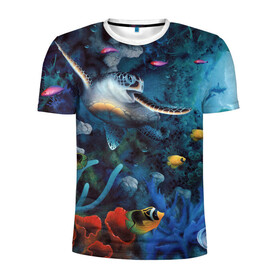 Мужская футболка 3D спортивная с принтом Морская черепаха в Новосибирске, 100% полиэстер с улучшенными характеристиками | приталенный силуэт, круглая горловина, широкие плечи, сужается к линии бедра | коралловые | кораллы | море | морская черепаха | морские обитатели | океан | подводный мир | рыбки