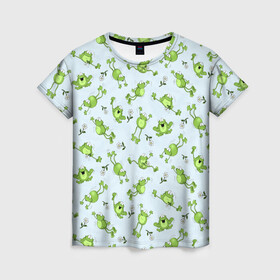 Женская футболка 3D с принтом Веселые лягушки в Новосибирске, 100% полиэфир ( синтетическое хлопкоподобное полотно) | прямой крой, круглый вырез горловины, длина до линии бедер | веселая лягушка | лягушка | лягушки | ромашки