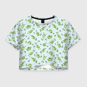 Женская футболка Crop-top 3D с принтом Веселые лягушки в Новосибирске, 100% полиэстер | круглая горловина, длина футболки до линии талии, рукава с отворотами | веселая лягушка | лягушка | лягушки | ромашки