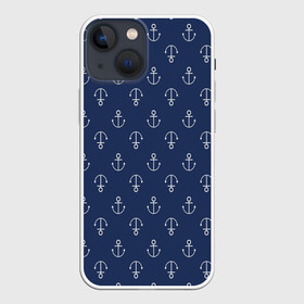 Чехол для iPhone 13 mini с принтом Узор якоря в Новосибирске,  |  | синий фон | узор якоря | якори | якорь