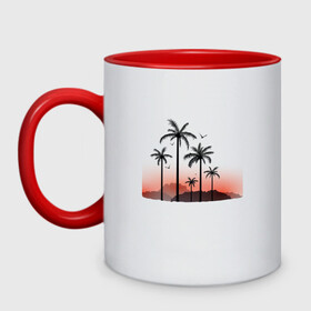 Кружка двухцветная с принтом palm tree в Новосибирске, керамика | объем — 330 мл, диаметр — 80 мм. Цветная ручка и кайма сверху, в некоторых цветах — вся внутренняя часть | beach | ocean | palm trees | sea | summer | sun | sunset | vacation | закат | лето | море | океан | отдых | отпуск | пальмы | пляж | солнце
