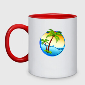 Кружка двухцветная с принтом palm beach в Новосибирске, керамика | объем — 330 мл, диаметр — 80 мм. Цветная ручка и кайма сверху, в некоторых цветах — вся внутренняя часть | beach | ocean | palm trees | sea | summer | sun | sunset | vacation | закат | лето | море | океан | отдых | отпуск | пальмы | пляж | солнце