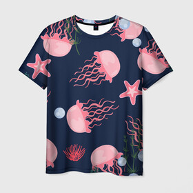 Мужская футболка 3D с принтом розовые медузы в Новосибирске, 100% полиэфир | прямой крой, круглый вырез горловины, длина до линии бедер | Тематика изображения на принте: водоросли | медузы | морская звезда | морские жители | на глубине | розовые медузы