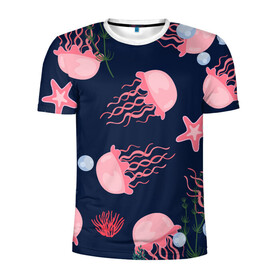 Мужская футболка 3D спортивная с принтом розовые медузы в Новосибирске, 100% полиэстер с улучшенными характеристиками | приталенный силуэт, круглая горловина, широкие плечи, сужается к линии бедра | Тематика изображения на принте: водоросли | медузы | морская звезда | морские жители | на глубине | розовые медузы