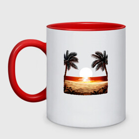 Кружка двухцветная с принтом beach в Новосибирске, керамика | объем — 330 мл, диаметр — 80 мм. Цветная ручка и кайма сверху, в некоторых цветах — вся внутренняя часть | beach | ocean | palm trees | sea | summer | sun | sunset | vacation | закат | лето | море | океан | отдых | отпуск | пальмы | песок | пляж | солнце