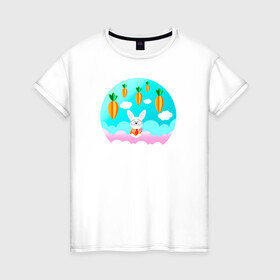 Женская футболка хлопок с принтом Зайчик в Новосибирске, 100% хлопок | прямой крой, круглый вырез горловины, длина до линии бедер, слегка спущенное плечо | белый | белый кролик | детская иллюстрация | для новорожденного | для ребенка | зайчик | кролик | морковка | мультик | небо | облака | пасха | природа