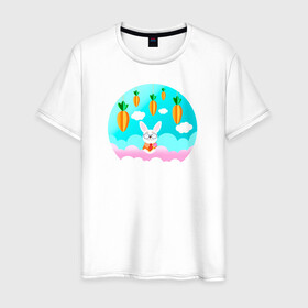 Мужская футболка хлопок с принтом Зайчик в Новосибирске, 100% хлопок | прямой крой, круглый вырез горловины, длина до линии бедер, слегка спущенное плечо. | Тематика изображения на принте: белый | белый кролик | детская иллюстрация | для новорожденного | для ребенка | зайчик | кролик | морковка | мультик | небо | облака | пасха | природа