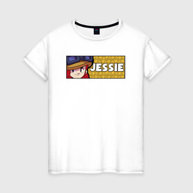 Женская футболка хлопок с принтом JESSIE (ПЛАШКА) в Новосибирске, 100% хлопок | прямой крой, круглый вырез горловины, длина до линии бедер, слегка спущенное плечо | android | brawl | brawl stars | clash | game | jessie | stars | андроид | джесси | игра | мобильные игры