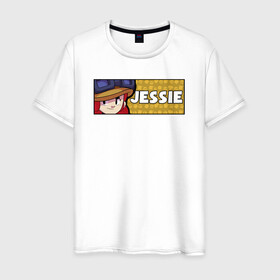 Мужская футболка хлопок с принтом JESSIE (ПЛАШКА) в Новосибирске, 100% хлопок | прямой крой, круглый вырез горловины, длина до линии бедер, слегка спущенное плечо. | android | brawl | brawl stars | clash | game | jessie | stars | андроид | джесси | игра | мобильные игры