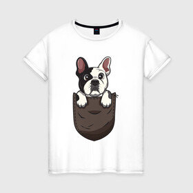 Женская футболка хлопок с принтом Карманный пёс в Новосибирске, 100% хлопок | прямой крой, круглый вырез горловины, длина до линии бедер, слегка спущенное плечо | бульдог | дог | карман | пес | собака
