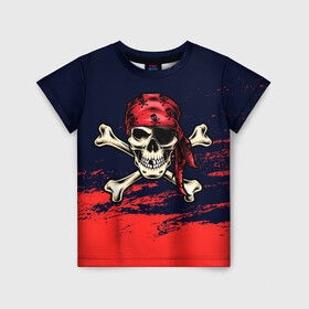 Детская футболка 3D с принтом Череп пират в Новосибирске, 100% гипоаллергенный полиэфир | прямой крой, круглый вырез горловины, длина до линии бедер, чуть спущенное плечо, ткань немного тянется | Тематика изображения на принте: арт | бандана | кости | море | пират | скелет | череп