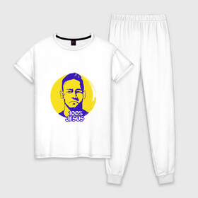 Женская пижама хлопок с принтом Neymar - 100% Jesus в Новосибирске, 100% хлопок | брюки и футболка прямого кроя, без карманов, на брюках мягкая резинка на поясе и по низу штанин | brasil | brazil | football | france | neymar | psg | sport | бразилия | гол | кубок | мяч | неймар | псж | спорт | франция | футбол | футболист | чемпион