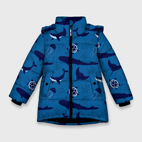 Зимняя куртка для девочек 3D с принтом Подводный мир в Новосибирске, ткань верха — 100% полиэстер; подклад — 100% полиэстер, утеплитель — 100% полиэстер. | длина ниже бедра, удлиненная спинка, воротник стойка и отстегивающийся капюшон. Есть боковые карманы с листочкой на кнопках, утяжки по низу изделия и внутренний карман на молнии. 

Предусмотрены светоотражающий принт на спинке, радужный светоотражающий элемент на пуллере молнии и на резинке для утяжки. | whale | акулы | кит | киты | медуза | медузы | море | морские | океан | паттерн | подводный | скаты | черепаха | черепахами