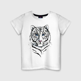 Детская футболка хлопок с принтом Белый тигр в Новосибирске, 100% хлопок | круглый вырез горловины, полуприлегающий силуэт, длина до линии бедер | альфа | белый | дикие | дикий | животные | звери | зверь | кот | котик | крутой | полоски | принт | природа | самец | тигр | тигриныйкрасивый