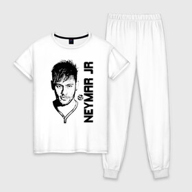 Женская пижама хлопок с принтом Neymar Jr черный портрет в Новосибирске, 100% хлопок | брюки и футболка прямого кроя, без карманов, на брюках мягкая резинка на поясе и по низу штанин | brazil | champions | fifa | junior | neymar | neymar jr | paris saint germain | psg | uefa | бразилия | джуниор | младший | наймар | неймар | пари сен жермен | петух | псж | сборная бразилии | уефа | фифа | футбик | футбол 