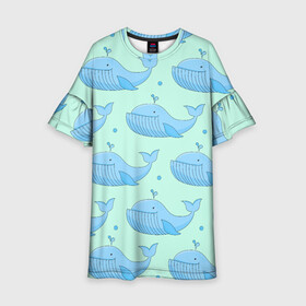 Детское платье 3D с принтом Киты в Новосибирске, 100% полиэстер | прямой силуэт, чуть расширенный к низу. Круглая горловина, на рукавах — воланы | Тематика изображения на принте: whale | кит | киты | море | океан | паттерн