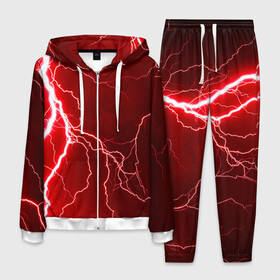 Мужской костюм 3D с принтом Red Lightning в Новосибирске, 100% полиэстер | Манжеты и пояс оформлены тканевой резинкой, двухслойный капюшон со шнурком для регулировки, карманы спереди | energy | fire | lightning | storm | thunder