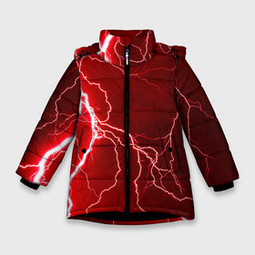 Зимняя куртка для девочек 3D с принтом Red Lightning в Новосибирске, ткань верха — 100% полиэстер; подклад — 100% полиэстер, утеплитель — 100% полиэстер. | длина ниже бедра, удлиненная спинка, воротник стойка и отстегивающийся капюшон. Есть боковые карманы с листочкой на кнопках, утяжки по низу изделия и внутренний карман на молнии. 

Предусмотрены светоотражающий принт на спинке, радужный светоотражающий элемент на пуллере молнии и на резинке для утяжки. | Тематика изображения на принте: energy | fire | lightning | storm | thunder