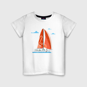 Детская футболка хлопок с принтом КРАСНЫЙ ПАРУСНИК | RED SAILBOAT (Z) в Новосибирске, 100% хлопок | круглый вырез горловины, полуприлегающий силуэт, длина до линии бедер | boat | sailboat | ship | ships | кораблик | кораблики | корабль | красный парус | лодка | лодочка | лодочка на белом | мореход | одинокая лодка | парус | парусник | судно | яхта | яхты