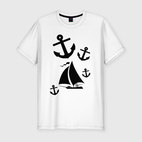Мужская футболка хлопок Slim с принтом Яхта в Новосибирске, 92% хлопок, 8% лайкра | приталенный силуэт, круглый вырез ворота, длина до линии бедра, короткий рукав | корабль | паруса | парусник | судно | якорь | яхта