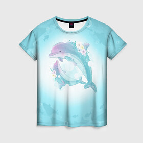 Женская футболка 3D с принтом Два дельфина в Новосибирске, 100% полиэфир ( синтетическое хлопкоподобное полотно) | прямой крой, круглый вырез горловины, длина до линии бедер | cute | dolphin | два дельфина | дельфин | дельфин в море | дельфинами | милый | мир | подводный