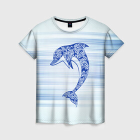 Женская футболка 3D с принтом Дельфин в Новосибирске, 100% полиэфир ( синтетическое хлопкоподобное полотно) | прямой крой, круглый вырез горловины, длина до линии бедер | cute | dolphin | два дельфина | дельфин | дельфин в море | дельфинами | милый | мир | подводный