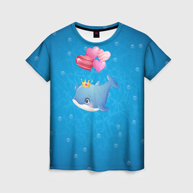 Женская футболка 3D с принтом Дельфин с воздушными шариками в Новосибирске, 100% полиэфир ( синтетическое хлопкоподобное полотно) | прямой крой, круглый вырез горловины, длина до линии бедер | cute | dolphin | два дельфина | дельфин | дельфин в море | дельфинами | милый | мир | подводный